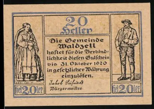 Notgeld Waldzell 1920, 20 Heller, Mann und Frau in traditioneller Kleidung, dekoratives Ornament
