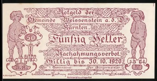 Notgeld Weissenstein a. d. Kärnten 1920, 50 Heller, kunstvolle Ornamente mit Wappen und Figuren