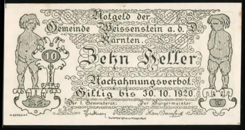 Notgeld Weissenstein a. d. Kärnten 1920, 10 Heller, zwei Figuren und Wappen mit dekorativen Mustern