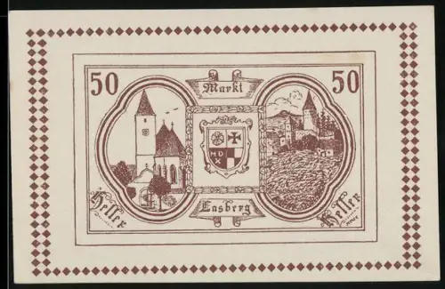 Notgeld Lasberg 1920, 50 Heller, Kirche, Burg und Wappen von Lasberg