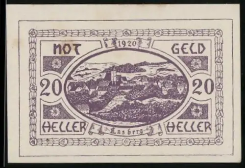 Notgeld Lasberg 1920, 20 Heller, Ortsansicht mit Landschaft im Ovalrahmen