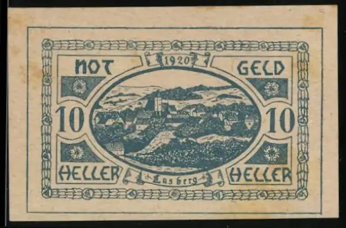 Notgeld Lasberg 1920, 10 Heller, Dorflandschaft mit Burg und Hügeln