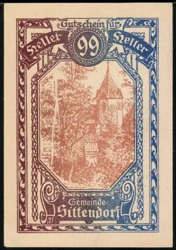Notgeld Sittendorf, 99 Heller, Kirchturm und Gebäude im Wald