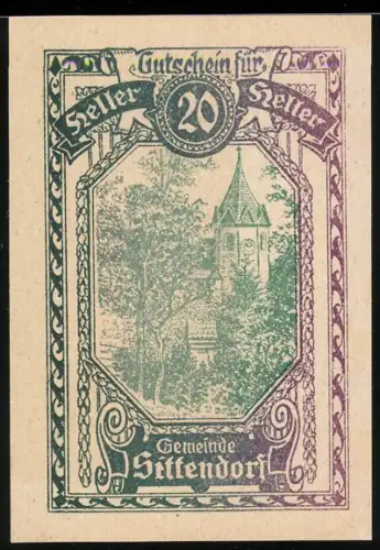 Notgeld Sittendorf, 20 Heller, Kirchturm und Bäume im Rahmenmuster