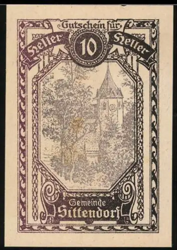 Notgeld Sittendorf, 10 Heller, Kirchturm und Bäume in ländlicher Umgebung
