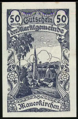 Notgeld Mauerkirchen 1920, 50 Heller, Landschaft mit Kirche und Wappen mit Kirche und Rautenmuster