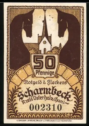 Notgeld Scharmbeck /Osterholz 1920, 50 Pfennig, Kirche und Löwenwappen