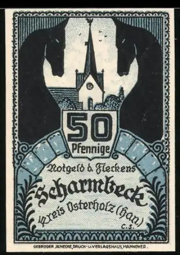 Notgeld Scharmbeck /Osterholz 1920, 50 Pfennig, Kirche und Löwenwappen, Ohne Fleiss kein Preis