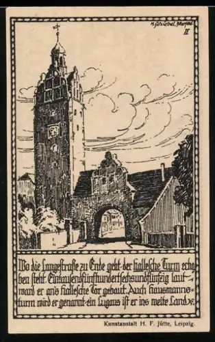 Notgeld Zörbig 1921, 10 Pfennig, Turm und Tor mit Inschrift, Wappen des Ortes Zörbig