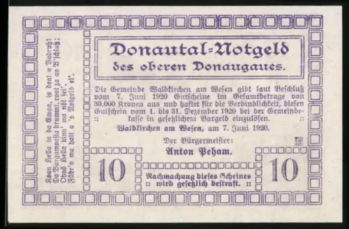 Notgeld Waldkirchen am Wesen, 10 Heller, Ruine Wesen, Wesenufer