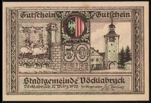 Notgeld Vöcklabruck 1920, 50 Heller, Ortsansicht mit Turm und Landschaftspanorama