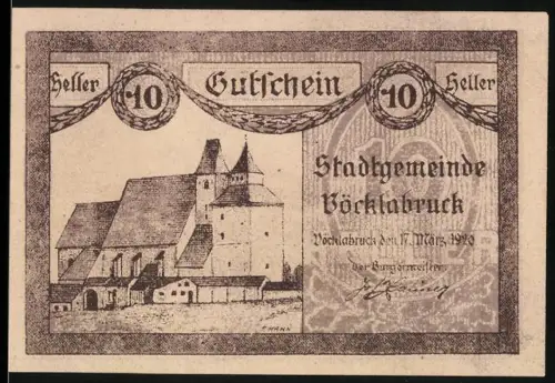 Notgeld Vöcklabruck 1920, 10 Heller, Kirche und Ortsansicht mit Bergen im Hintergrund