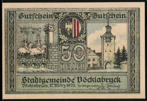 Notgeld Vöcklabruck 1920, 50 Heller, Ortsansicht und Turm mit Wappen