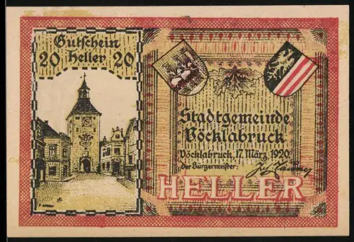 Notgeld Vöcklabruck 1920, 20 Heller, Stadttor und Landschaftspanorama mit Bergen und Ortsansicht