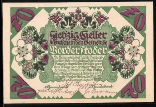 Notgeld Vorderstoder, 70 Heller, florales Muster und Landschaftsillustration mit Ortsansicht