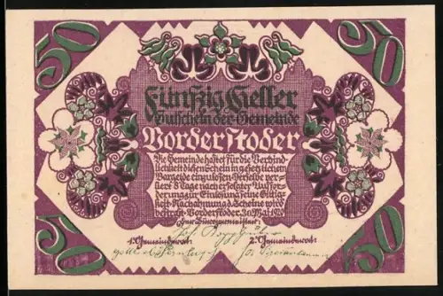 Notgeld Vorderstoder 1920, 50 Heller, Kirche mit Berglandschaft und florale Muster