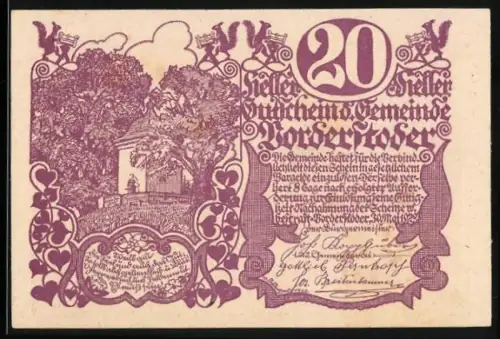 Notgeld Vorderstoder, 20 Heller, Landschaft mit Gebäude und Bäumen