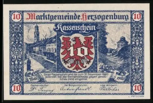 Notgeld Herzogenburg 1920, 10 Heller, Wappen und Ortsansicht mit Kirche und Fluss