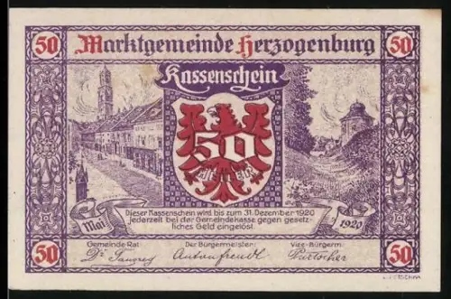 Notgeld Herzogenburg 1920, 50 Heller, Ortsansicht mit Wappen und dekorativem Rahmen