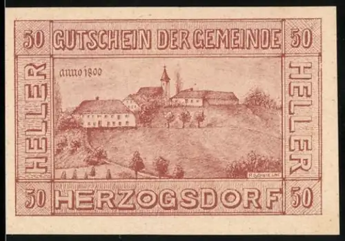 Notgeld Herzogsdorf 1920, 50 Heller, Landschaft mit Gebäuden und Kirche