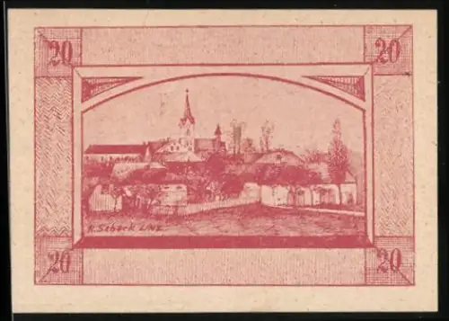 Notgeld Zwettl 1920, 20 Heller, Ortsansicht mit Kirche und Bäumen