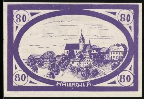 Notgeld Haibach a. D. 1920, 80 Heller, Ortsansicht mit Kirche und Gebäuden