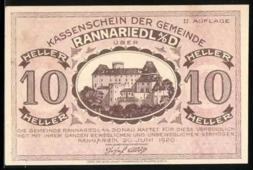 Notgeld Rannariedl a. D. 1920, 10 Heller, Schlossansicht