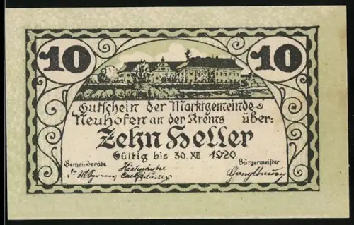 Notgeld Neuhofen an der Krems 1920, 10 Heller, Ortsansicht und Wappen mit Initialen N