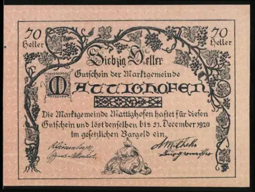Notgeld Mattighofen 1920, 70 Heller, Ortsansicht mit Wappen und Fahnenmotto