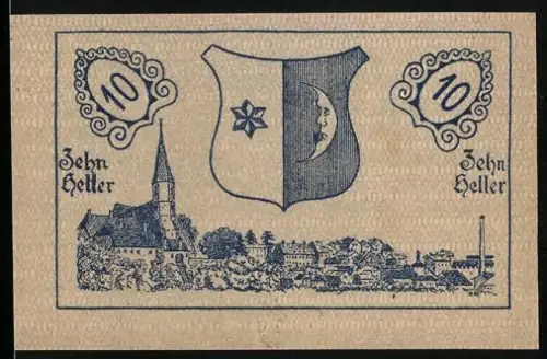 Notgeld Mattighofen 1920, 10 Heller, Wappen und Ortsansicht mit Kirche
