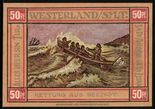 Notgeld Westerland /Sylt 1921, 50 Pf, Rettung aus Seenot mit Ruderboot und Schiff im Sturm