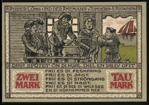 Notgeld Westerland /Sylt 1921, 2 Mark, historische Szene mit Fischfang und Segelschiff, Wappen mit Fisch