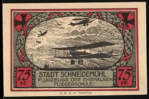 Notgeld Schneidemühl, 75 Pf, Flugzeuge der ehemaligen Fliegerschule, Wappen mit rotem Hirsch