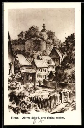 Künstler-AK Siegen, Oberes Schloss, vom Schlag gesehen