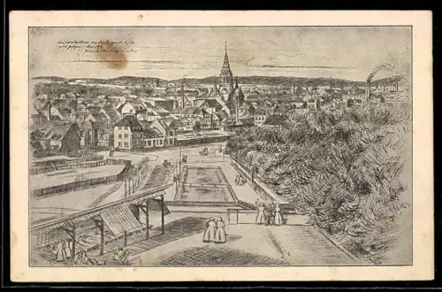 Künstler-AK Kaiserslautern, Ortsansicht mit Kirche und Fabrik