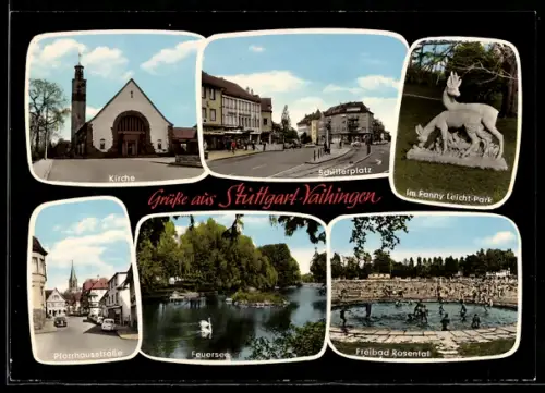 AK Stuttgart-Vaihingen, Schillerplatz, Kirche, Feuersee, Tiergruppe im Fanny-Leicht-Park, Freibad Rosental