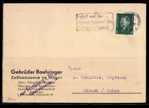 AK Zuffenhausen bei Stuttgart, Korrespondenzkarte Gebrüder Boehringer, Glas-, Porzellan u. Steingut-Fabrik