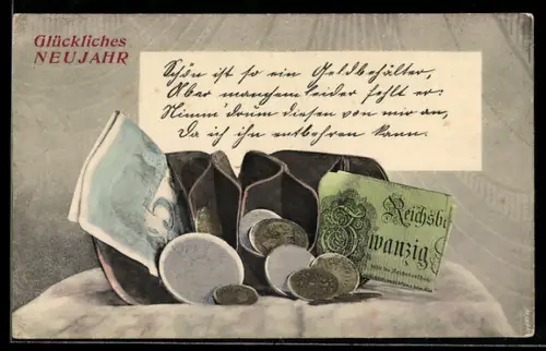 AK Geldbörse mit Geldscheinen- und Münzen
