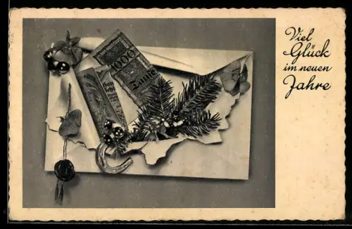 AK Brief mit Geldscheinen, Hufeisen u. Tannenzweig, Neujahrsgruss