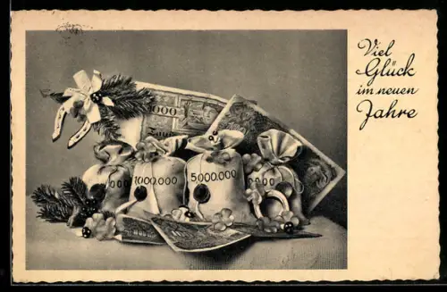 AK Geldscheine, Münzen, Hufeisen u. Tannenzweige, Neujahrsgruss