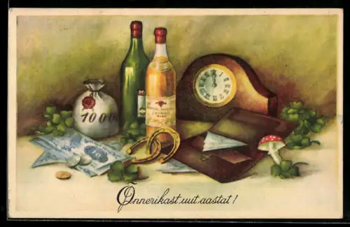 AK Weinflaschen, Uhr und Geldscheine