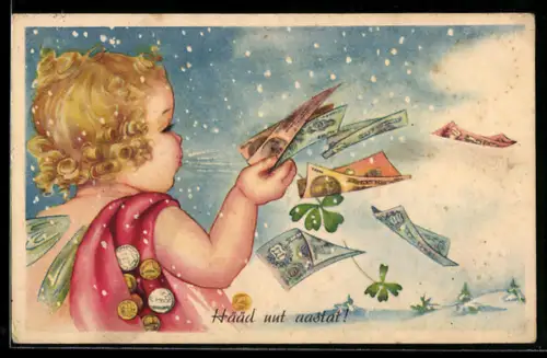 AK Kleiner Elf mit Geldscheinen bei Schneefall