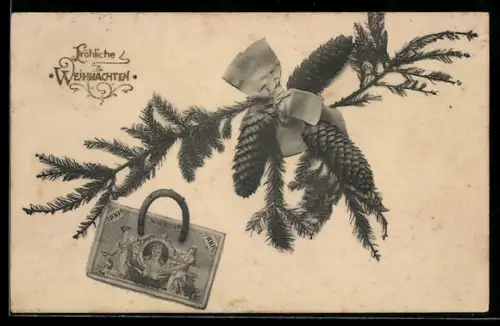 AK Tannenzweig mit Tannenzapfen, Geldschein und Hufeisen, Weihnachtsgruss