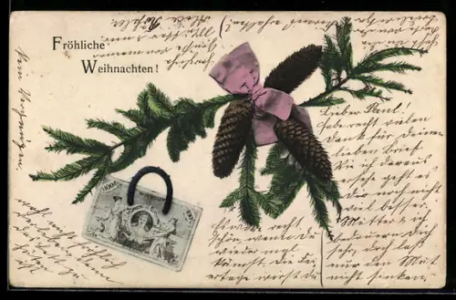 AK Tannenzweig mit Tannenzapfen, Geldschein und Hufeisen, Weihnachtsgruss