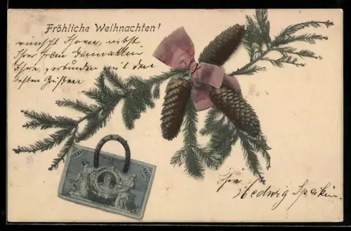 AK Weihnachten, Tannenzweig mit Zapfen und Schleife, Banknote und Hufeisen