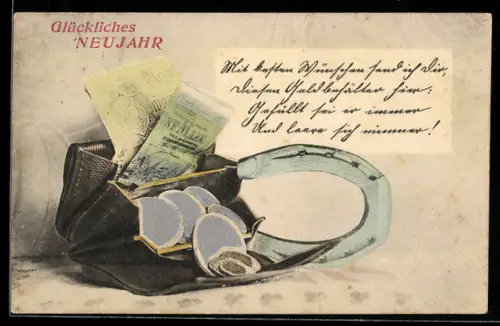 AK Geöffnete Geldbörse mit Münzen und Scheinen, Hufeisen, Glückliches Neujahr!