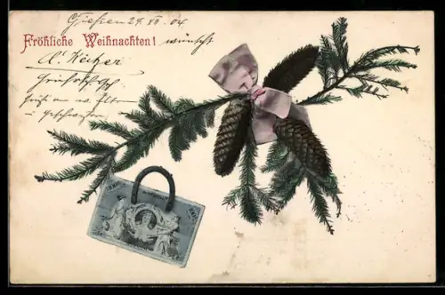AK Tannenzweig mit Tannenzapfen, Geldschein und Hufeisen, Weihnachtsgruss