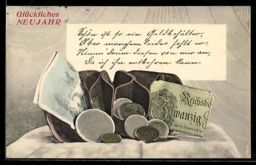 AK Portemonnaie mit Geldscheinen- und Münzen, Neujahrsgruss