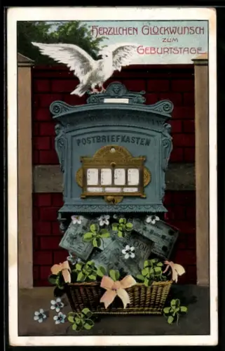 AK Briefkasten schüttet Geldscheine aus, Taube, Kleeblätter, Geburtstagsgruss