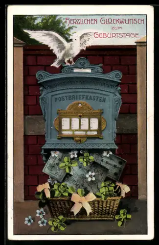 AK Briefkasten schüttet Geldscheine aus, Taube, Kleeblätter, Geburtstagsgruss